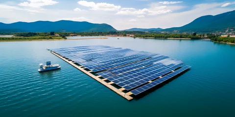 Tuinposter cell power plant with solar cell generate the electric on the lake, Floating solar panels and cell platform on the water ecological energy Ai generative  © Faiza