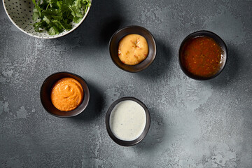 Obraz na płótnie Canvas A top view shot displaying a variety of sauces in individual bowls, gracefully laid out on a gray backdrop. The minimalist composition accentuates the vivid colors and textures of each sauce