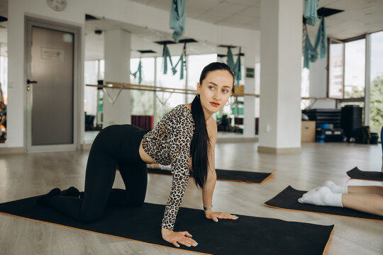 Fitness Workout. Sporty Woman Doing Bicycle Crunch Abs Exercise Lying On Floor Mat At Fitness Studio Or Minimal Interior Living Room. Determined Lady In Sportswear Training Flexing Abdominal Muscles