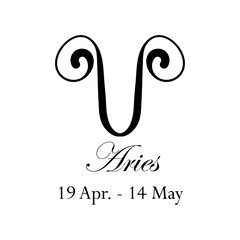 Aries with name and dates. New horoscope with 13 zodiac signs. From April 19 to May 14. Astrology, fortune telling, constellation, stars, ascendant, pseudoscience, natal chart. Italic style