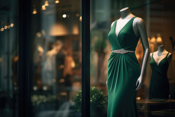 A luxurious green evening dress on a mannequin, in a window in a shopping center.