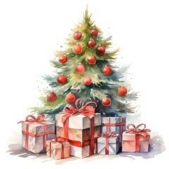 Obraz na płótnie Canvas Watercolor Christmas Tree with presents on white background