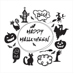 Vector seamless pattern for Halloween with orange smiling spooky pumpkins on dark blue background. Holiday backdrop for wrapping paper, fabric, textile, scrapbook.
