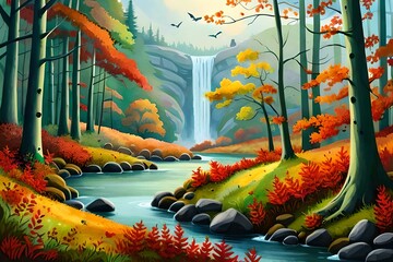 A mystical Halloween forest with towering ancient trees covered in vibrant autumn leaves, a winding path leading to an enchanting hidden waterfall
