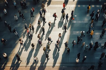 Aerial view of a crowd crossing the street in sun light - obrazy, fototapety, plakaty