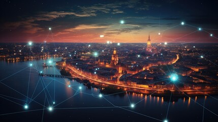 Fototapeta premium big city at night with network lines connected to satellites, cityscapes, circular shapes, industrial photography