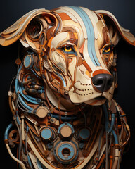 Generative ai illustration of portrait of a dog cyborg in marquetry style