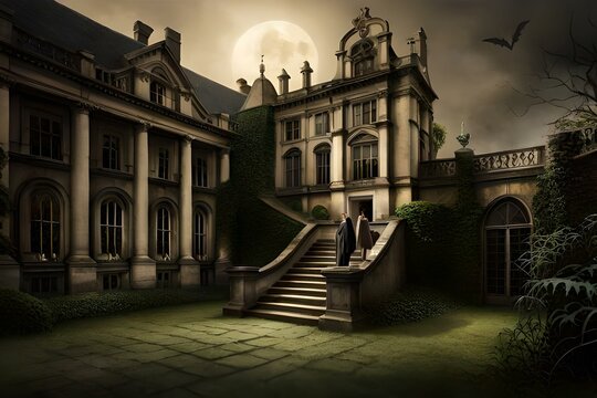 A haunted Halloween mansion shrouded in mist, with ivy creeping up the crumbling walls, broken windows  glimpses of ghostly figures within