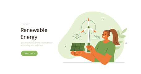 Climate change and sustainability. Character showing benefits of renewable energy and natural resources. Sustainable energy concept. Vector illustration.