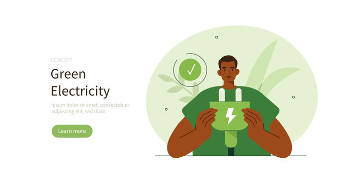 Climate change and sustainability. Character showing benefits of green energy and electricity. Sustainable industry concept. Vector illustration.