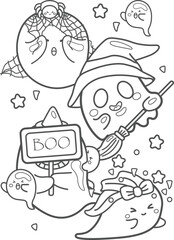 Cute Ghost Halloween Party Decoration Cartoon Coloring Pages for Kids and Adult