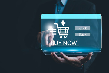 Businessman hand touch with online shopping concept, marketplace website with virtual interface of online Shopping cart part of the network, Online shopping business with selecting shopping cart.