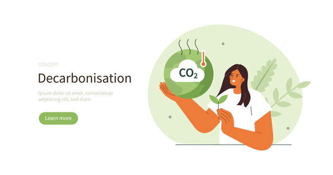 Climate change and sustainability. Character showing benefits of decarbonisation. CO2 emissions reduction concept. Vector illustration.