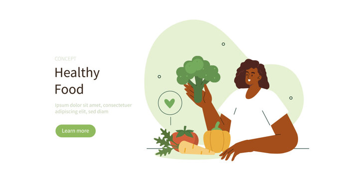 
Vegetarian eating. Character showing benefits of eating fresh organic vegetables, such as broccoli, tomato and carrot. Healthy diet concept. Vector illustration.