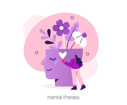 Mentality calmness. Character take care of mentality and learn self accepting. Mental health and psychotherapy concept. Vector illustration.