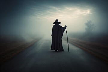 Scary man silhouette walking in the fog