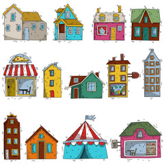 city creator. set of doodle hand drawn houses, cafeterias, shops, ready for print cool stickers for kids .