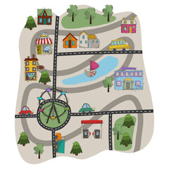 city or little town creator pre made map. cute doodle style buildings, houses, park, lake, cars © Anastasia
