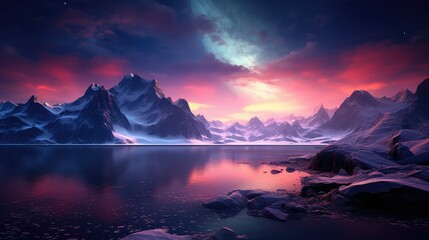 sea arctic midnight sun illustration north sky, outdoors scenic, mountain norway sea arctic midnight sun - obrazy, fototapety, plakaty