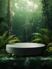 3D round stone podium on jungle background for product showcase
