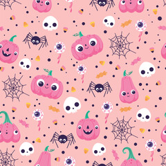 Halloween pattern with pumpkins, spiders and skulls on a pink background