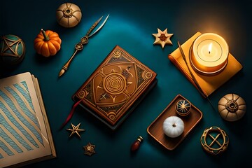 top View highlighting a spellbinding arrangement of mystical books, flickering candles, and arcane symbols, set against a black background