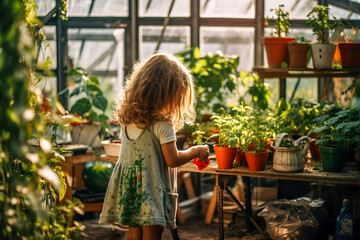 Ein kleines Mädchen steht in einem Gewächshaus, umgeben von üppigem Grün, während sie ein grünes Kleid trägt. Sie erkundet neugierig die gesunden Pflanzen und zeigt damit ihre Verbundenheit zur Natur  - obrazy, fototapety, plakaty