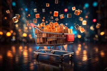 Glowing Cyber Week icons floating above a filled digital shopping cart 