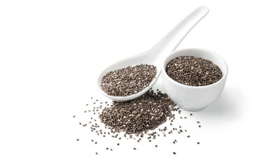 Chia seeds with bowl and spoon isolated on white background, close-up.