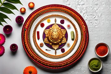 Top View showcasing a beautifully arranged puja thali, adorned with vibrant flowers, incense sticks, and auspicious symbols