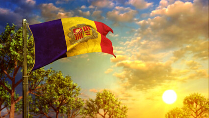 waving flag of Andorra at sundown for state holiday - abstract 3D illustration