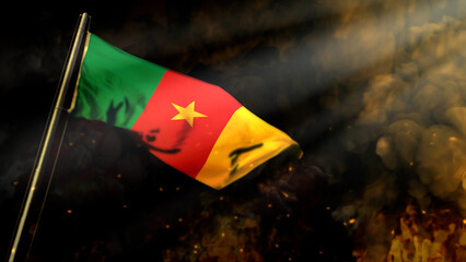 bokeh Cameroon flag on smoke with sun rays background - cataclysm concept - abstract 3D illustration