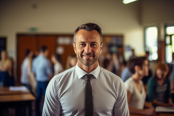 Obraz premium Portrait of Handsome American School Teacher in Classroom with Engaged Students, Blurred Classroom Background. created with Generative AI