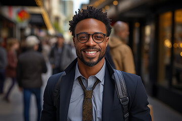 Obraz premium Smiling African American Businessman in Black Suit Striding to Office in Dynamic Cityscape. created with Generative AI
