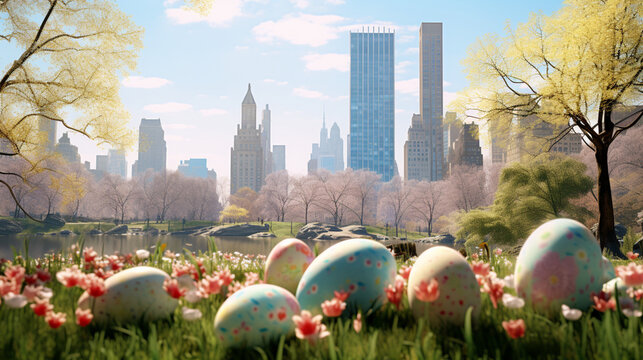 Central park New york in Easter festival theme background with egg in paper art and craft design concept. Created using generative AI.