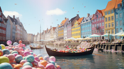 Copenhagen Denmark in Easter festival theme background with egg in paper art and craft design concept. Created using generative AI. - obrazy, fototapety, plakaty
