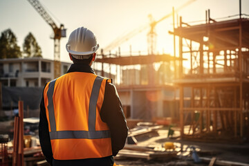 Construction Engineer Overseeing House Construction, Helmeted and Safety Vest-Clad, Architect at Work, Blurred Background. created with Generative AI