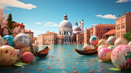 Paper art and craft design with Easter festival with egg in Venice Italy. Created using generative AI. - obrazy, fototapety, plakaty