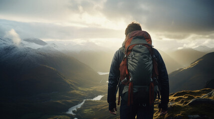 Man standing at summit, enjoying sunset on mountaintop, hiking adventure in winter - obrazy, fototapety, plakaty