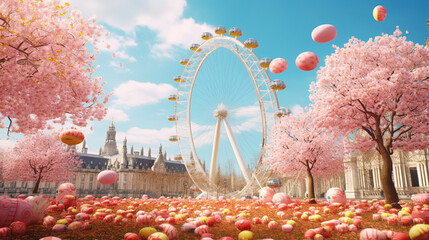 Easter festival wallpaper in paper art and craft design concept with London eye background and egg. Created using generative AI.