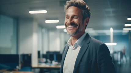 Caucasian businessman smiling in an office, successful corporate entrepreneur wearing a suit