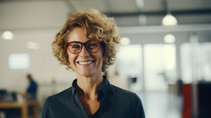 Confident businesswoman with curly hair smiling in an office - obrazy, fototapety, plakaty