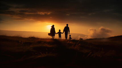 Family strolling at sunset: Silhouette of parents and kids walking together in the wilderness