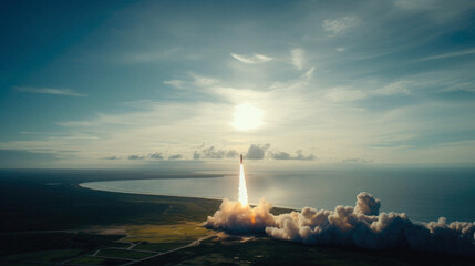 View of a rocket launching into the vast expanse of space, leaving a trail of fumes on earth