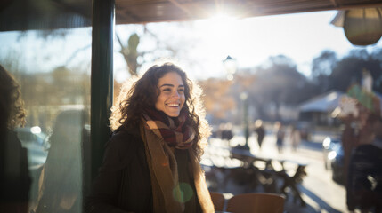 Happy young woman standing outside a sunny café, wearing a scarf in winter