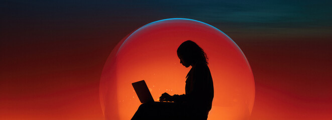 Silhouette of a woman typing on a laptop in a red sundown bubble