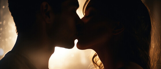 Romantic silhouette of young couple kissing at night