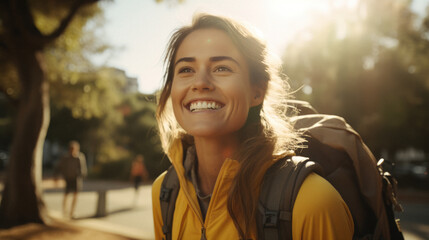 Happy young woman smiling on a sunny fall day, hiking in nature with a backpack