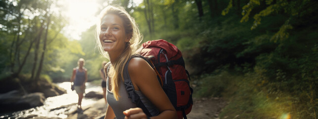 Young woman smiling and enjoying outdoor hike in a forest with a group of friends