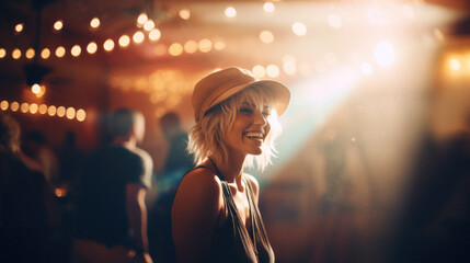 Blonde woman smiling at a nightclub - candid and happy youth culture - obrazy, fototapety, plakaty